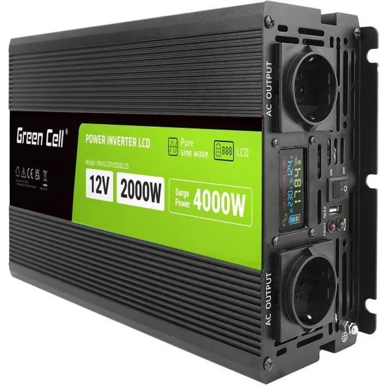 Green Cell 12V til 230V Inverter 2000W (Spids 4000W) Ren Sinus, Sort