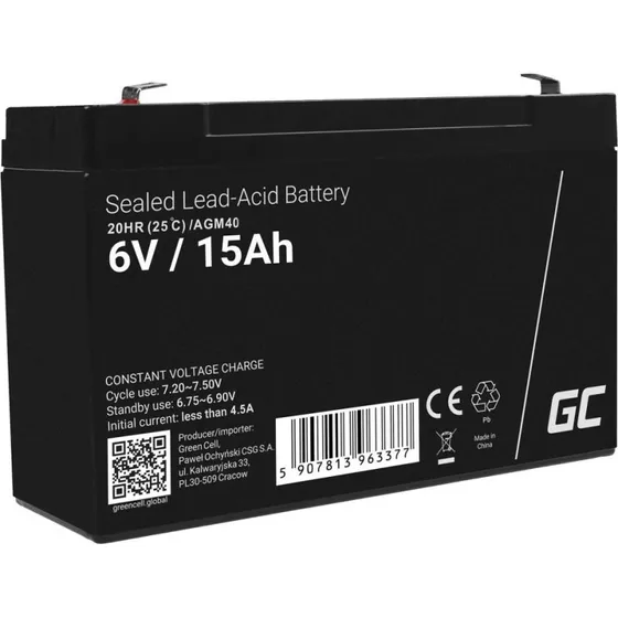 Green Cell AGM40 6 V 15 Ah blybatteri (VRLA)