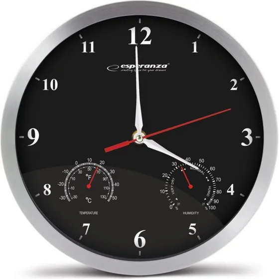 Esperanza Washington Rundt Vægur, Sort, 30 cm med Termometer og Hygrometer