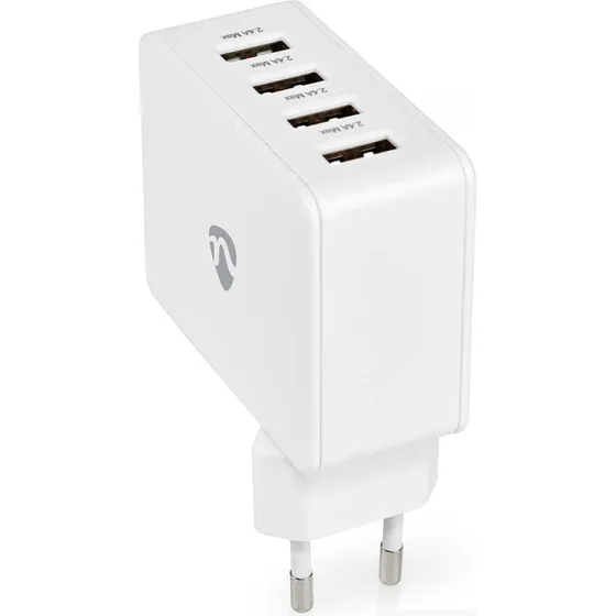 Nedis Vægoplader 24 W, 4x USB-A, Hurtigoplading, Uden Kabel, Hvid