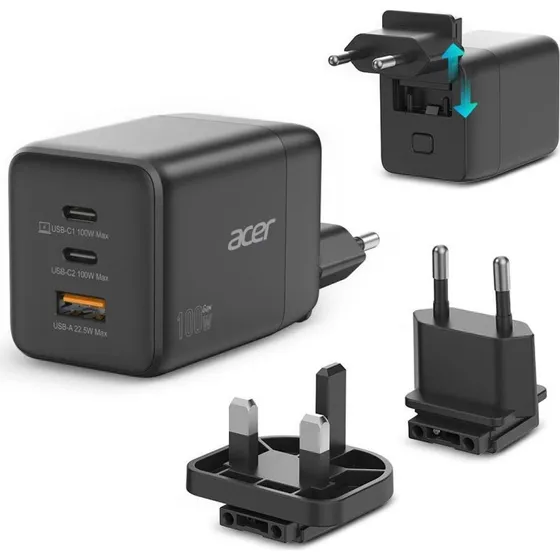Acer 100 W GaN Hurtigoplader 2x USB-C + USB-A, Sort
