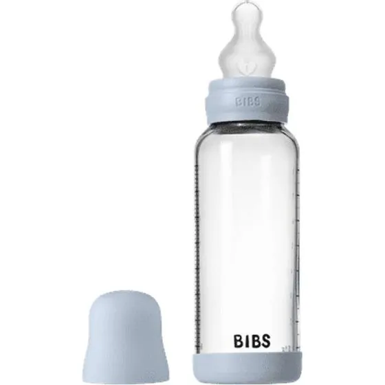 BIBS Glas-sutteflaske 240 ml, silikone – Baby Blue