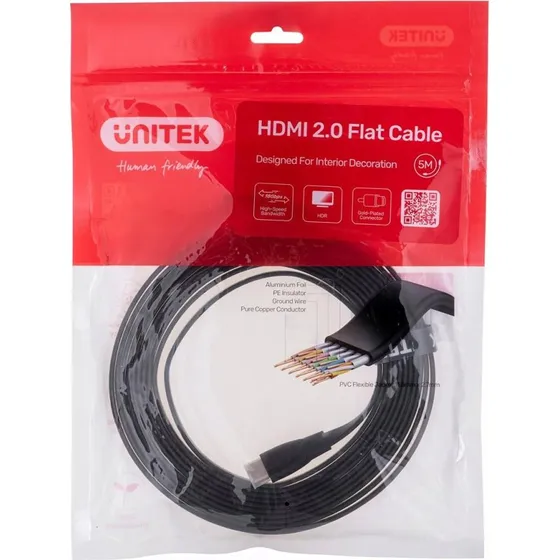 Unitek HDMI-kabel 4K 60 Hz fladt 5 m med Ethernet