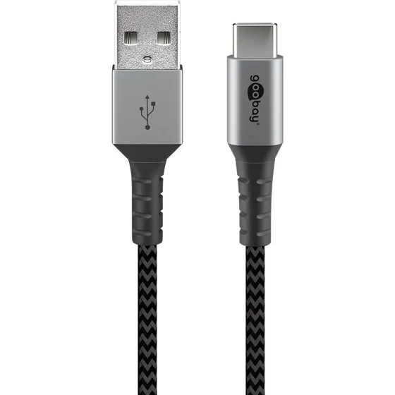 Goobay USB-C til USB-A 0,5 m tekstilkabel med metalkontakter, sort/sølv