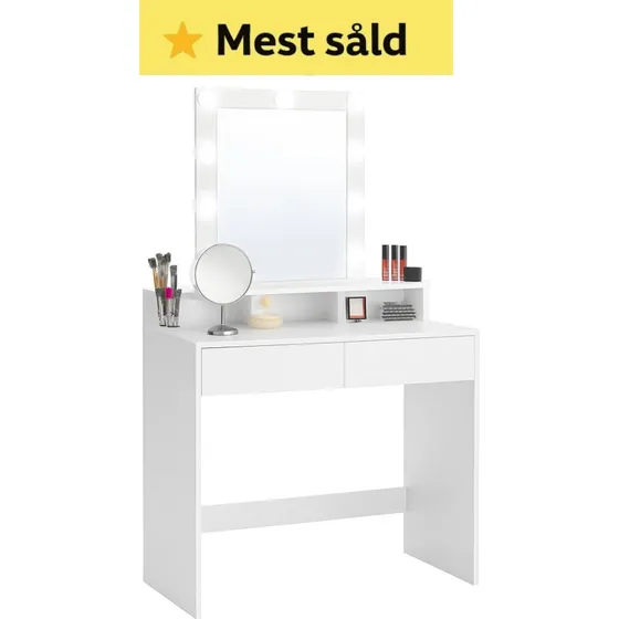 Toiletbord med Spejl og Pærer, Hvid, 2 Skuffer, 3 Åbne Rum