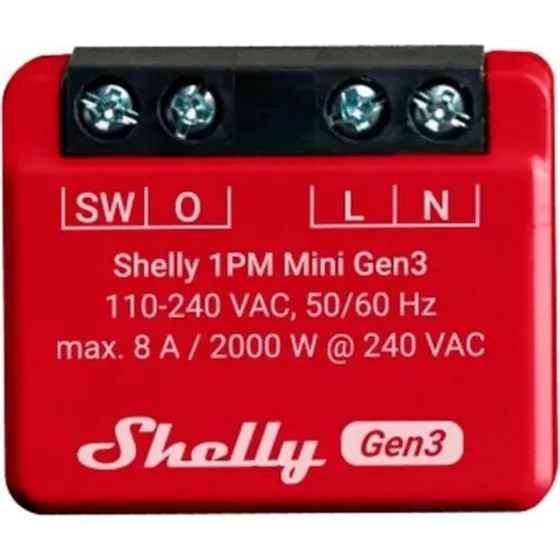 Shelly 1PM Mini Gen3 WiFi-relæ, rødt, med effektmåling