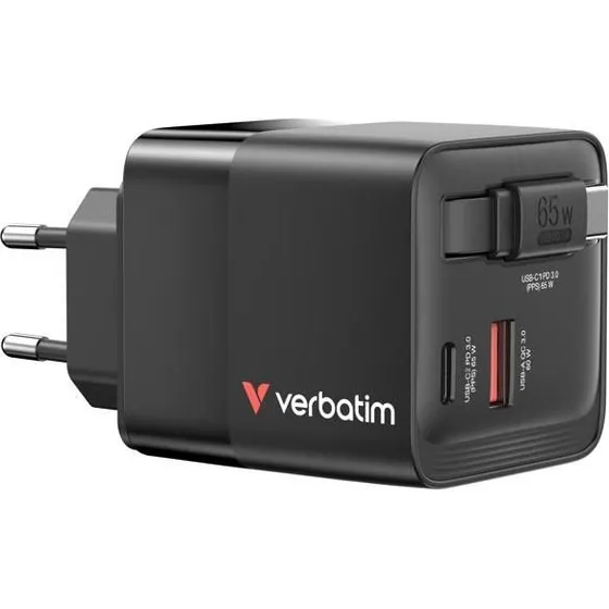 Verbatim GaN 65 W 2-port med udtrækkeligt kabel, sort