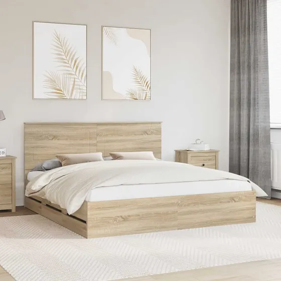 vidaXL Sengestel med Skuffer 200x200 cm Sonoma Eg, Ingeniørtræ