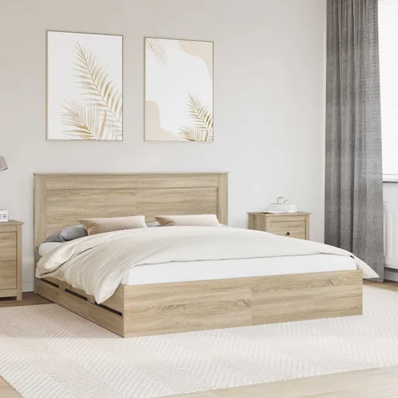 vidaXL Sengestel med Skuffe 200x200 cm Sonoma Eg, Ingeniørtræ