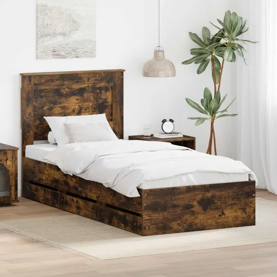 vidaXL Sengestel med Skuffe 90x190 cm Røget Eg Ingeniørtræ