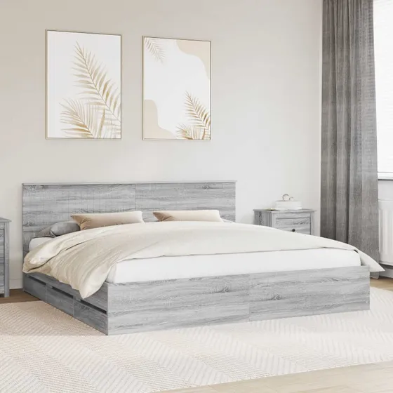 vidaXL Sengestel med skuffe Grå Sonoma 200x200 cm Ingeniørtræ