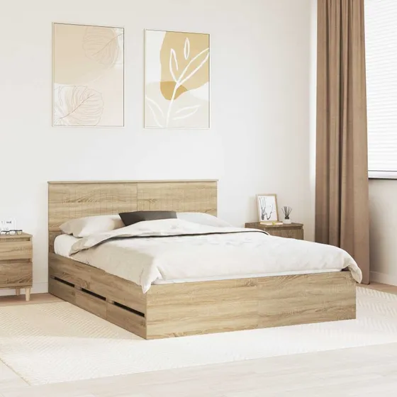 vidaXL Sengestel med skuffe 150x200 cm Sonoma eg, Ingeniørtræ