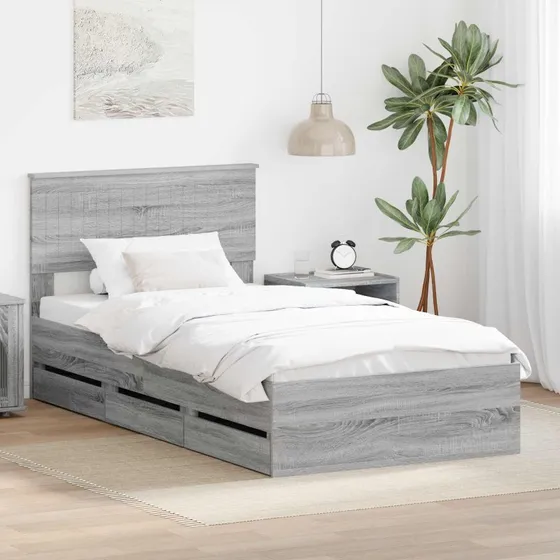 vidaXL Sengestel med skuffe Grå Sonoma 100 x 200 cm Ingeniørtræ
