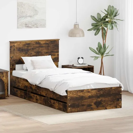 vidaXL Sengestel med skuffe 90 x 190 cm, Røget eg, Ingeniørtræ