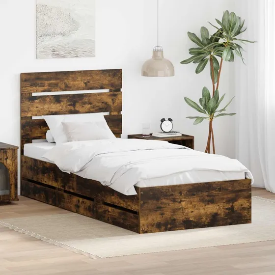 vidaXL Sengestel med skuffe 75 x 190 cm, røget eg, ingeniørtræ