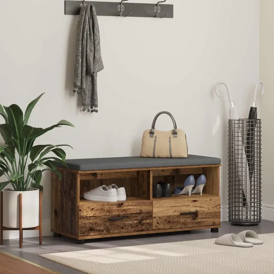 vidaXL Hallbænk Gammelt Træ 100 x 38 x 46 cm med Skuffe og Pude