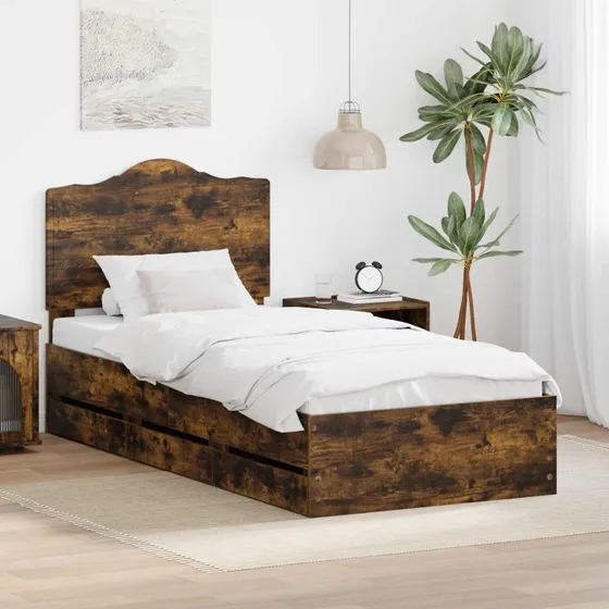 vidaXL Sengestel med Skuffe Røget Eg 75 x 190 cm