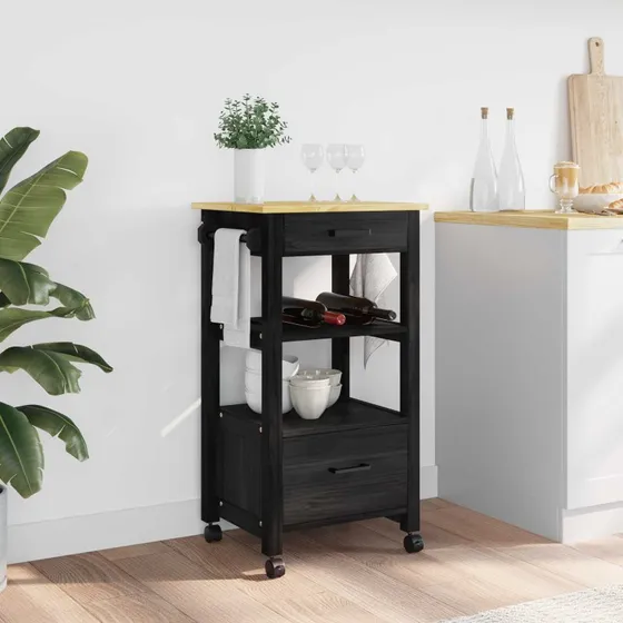 vidaXL MONZA Køkkenvogn Sort 48 x 40 x 88,5 cm Massivt Fyrretræ