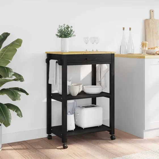 vidaXL Køkkenvogn MONZA Sort 60x40x88,5 cm i Massivt Fyrretræ