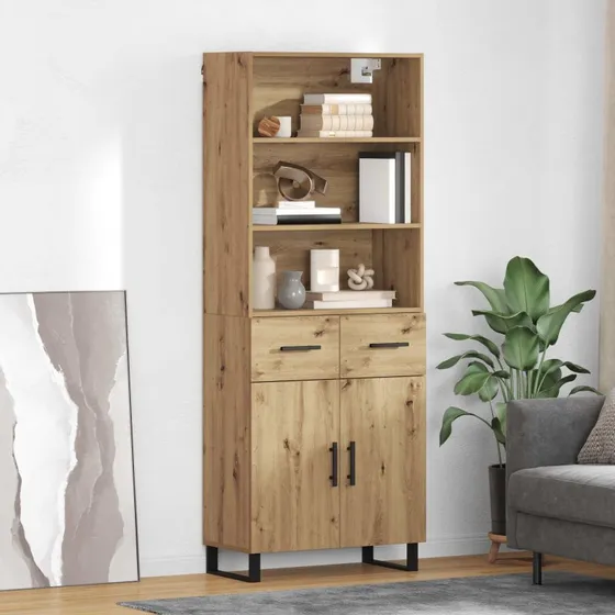 vidaXL Artisan Egetræ Højskænk 69,5 x 34 x 180 cm med Skuffer