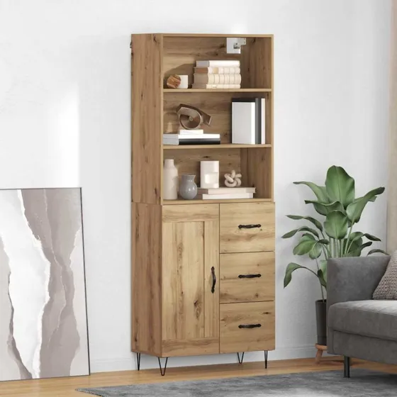vidaXL Artisan Egetræ Highboard 69,5 x 32,5 x 180 cm med skuffe