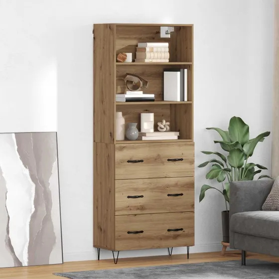 vidaXL Artisan Egetræ Highboard 69,5 x 32,5 x 180 cm med skuffer