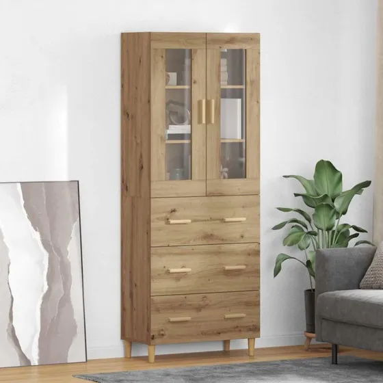 vidaXL Artisan Egetræ Højskab 69,5 x 34 x 180 cm, Ingeniørtræ og Glas