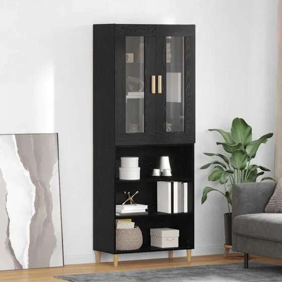 vidaXL Highboard Sort 69,5 x 34 x 180 cm, Ingeniørtræ og Glas