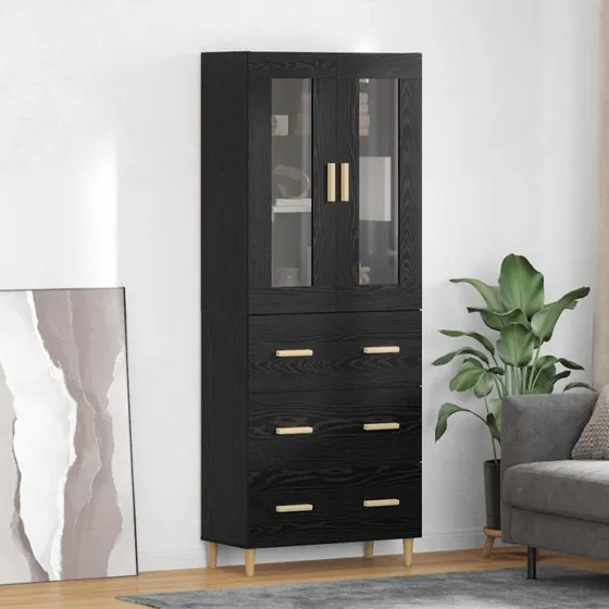 vidaXL Highboard Sort 69,5 x 34 x 180 cm Eg og Glas