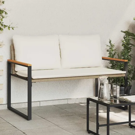vidaXL bænk med pude Beige/Cremehvid 115x65x72 cm Rattan