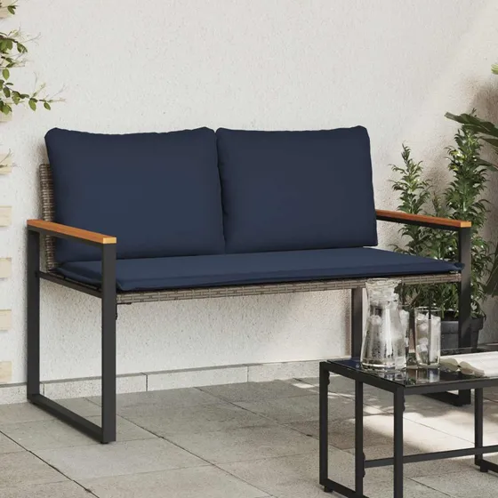vidaXL bænk med pude Grå og Marineblå 115x65x72 cm Rattan