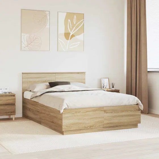vidaXL Sengestel Sonoma eg 150 x 200 cm Konstrueret træ med hovedgærde og LED