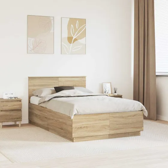 vidaXL Sengestel Sonoma eg 135 x 190 cm med justerbart hovedgærde og LED