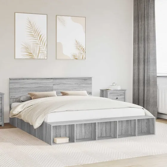 vidaXL Sengestel med hylde Grå Sonoma 200x200 cm Konstrueret træ