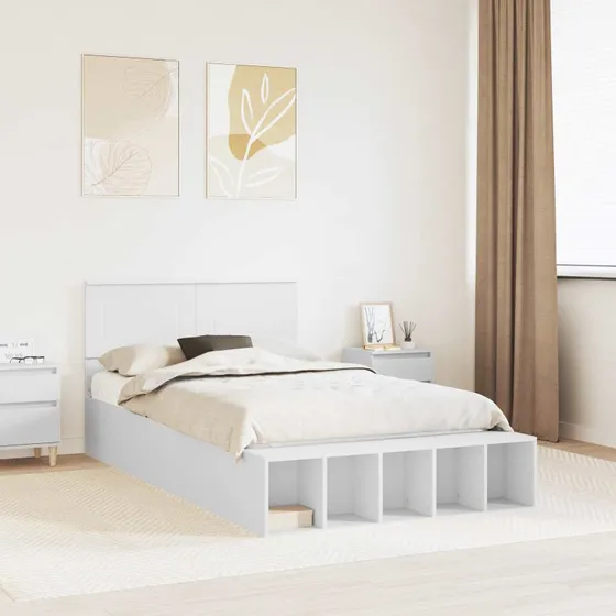 vidaXL Sengestel med hylde Hvid 135 x 190 cm Konstrueret træ