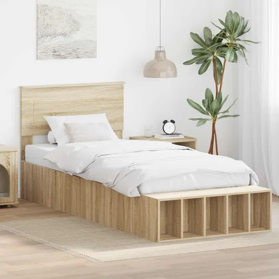 vidaXL Sengestel med hylde 100 x 200 cm Sonoma eg, konstrueret træ