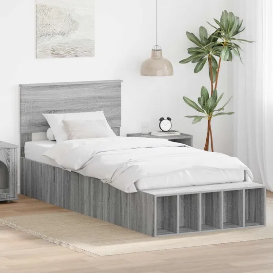 vidaXL Sengestel med hylde Grå Sonoma 100x200 cm Konstrueret træ
