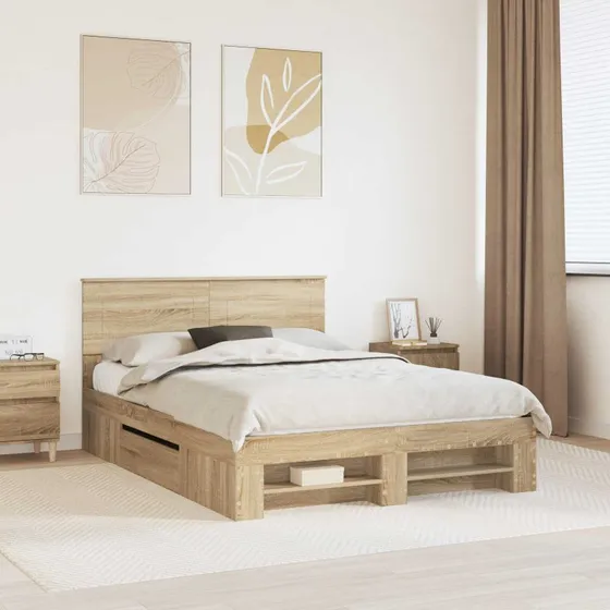 vidaXL Sengestel med hovedgærde Sonoma eg 140 x 200 cm, Konstrueret træ