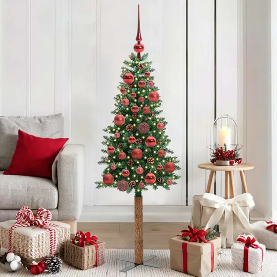 vidaXL Slankt Juletræ 150 cm Grønt PVC & Fyrretræ med LED