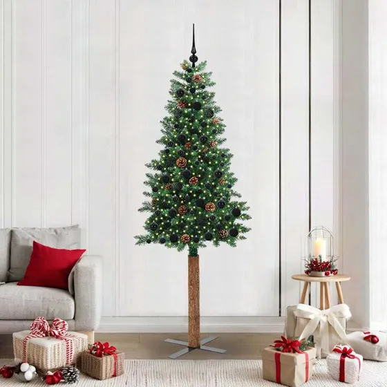 vidaXL Slankt Juletræ Grøn 210 cm med LED-lys og stativ