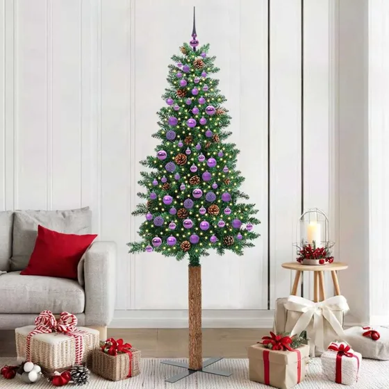 vidaXL Slankt Juletræ Grøn 210 cm med LED-lys og stativ