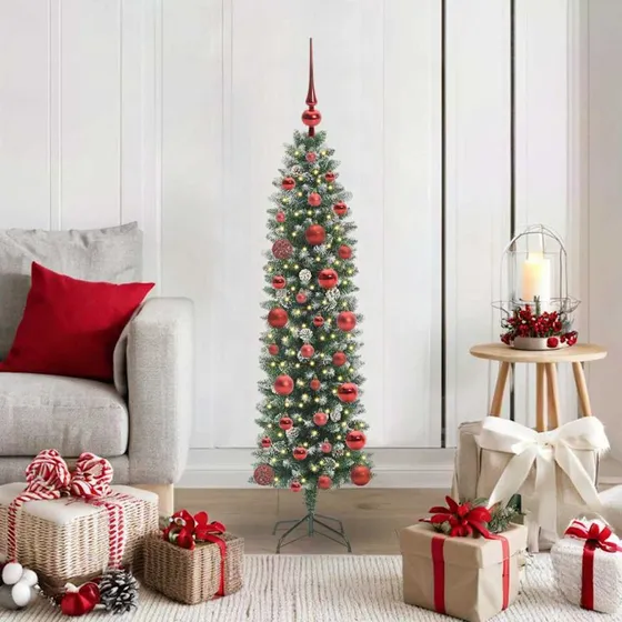 vidaXL Kunstigt slankt juletræ 120 cm med 150 LED'er Grøn og Hvid
