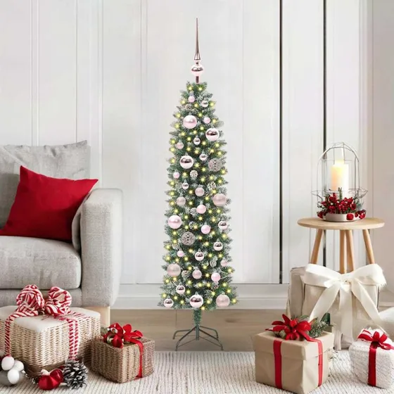 vidaXL Kunstigt Slankt Juletræ 120 cm med 150 LED'er Grøn og Hvid