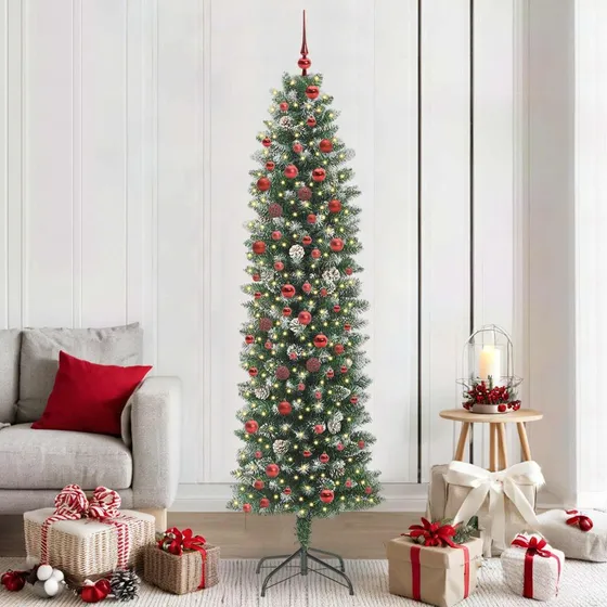 vidaXL Kunstigt slankt juletræ 210 cm med 300 LED'er grøn/hvid