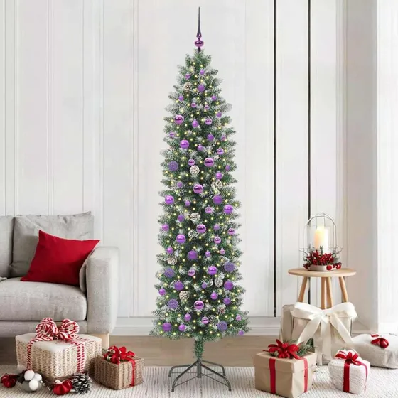 vidaXL Kunstigt slankt juletræ med 300 LED'er, 210 cm, grønt og hvidt