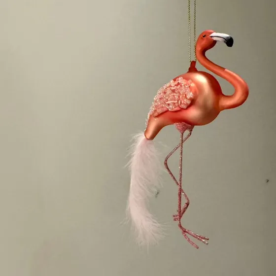 Vondels Julekugle Pink Flamingo i mundblæst glas 16 cm