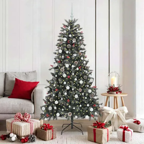 vidaXL Kunstigt juletræ Grøn 180 cm med LED-lys og stålstativ