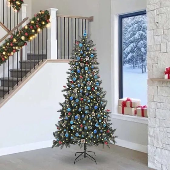 vidaXL Kunstigt juletræ Grøn 240 cm med LED-lys og stativ