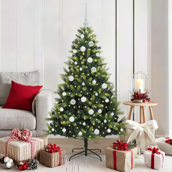 vidaXL Kunstig hængslet juletræ med 150 LED-lys, grønt, 150 cm
