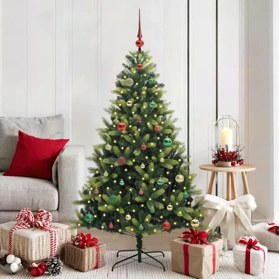 vidaXL Kunstig hængslet juletræ med 150 LED-lys, grøn, 150 cm